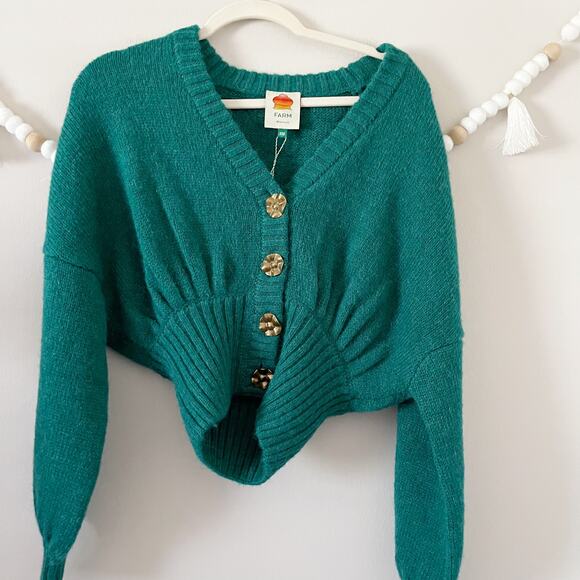 NWT Farm Rio Bubble Knit Cardigan Gold-Tone Buttons Wool Blend Emerald Size XXS - Picture 13 of 13